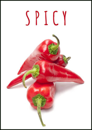 Spicy - Chili. Poster på chilifrukter med texten Spicy över.