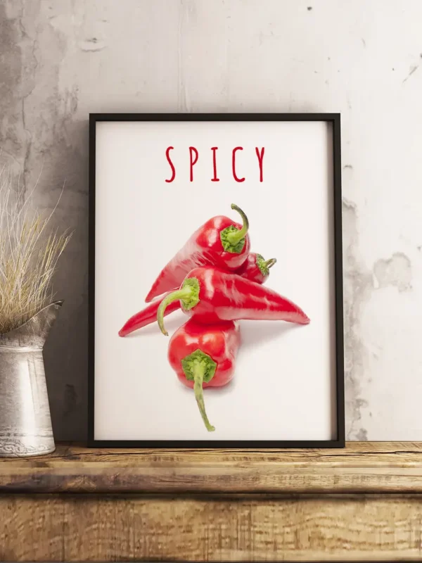 Spicy - Chili. Poster på chilifrukter med texten Spicy över - Ramexempel