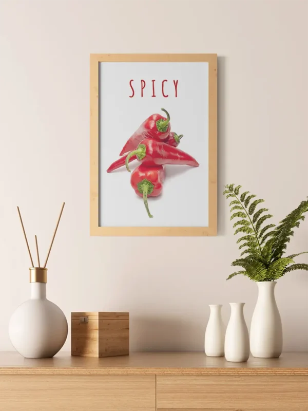 Spicy - Chili. Poster på chilifrukter med texten Spicy över - Ramexempel