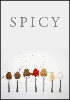 Spicy - Spices - Ett fotografi på skedar med olika kryddor med texten Spicy över