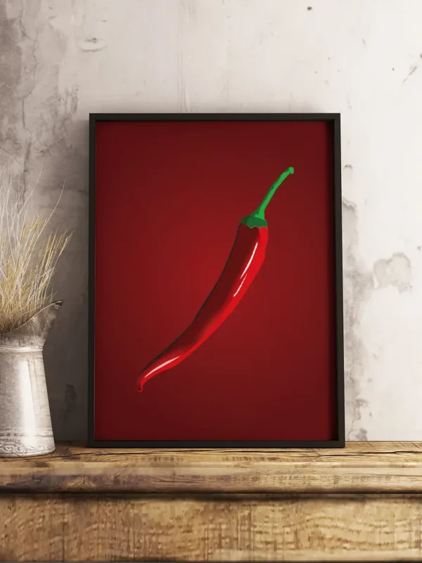 Chili - Poster. En stiliserad bild av en chilifrukt mot en mörkröd bakgrund - Ramexempel