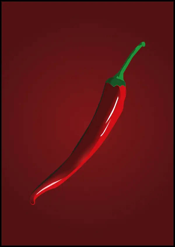 Chili - Poster. En stiliserad bild av en chilifrukt mot en mörkröd bakgrund.