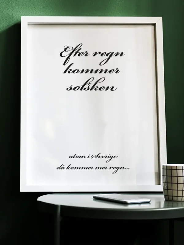 Texttavla: Efter regn kommer solsken - utom i Sverige då kommer mer regn - Poster - Ramexempel