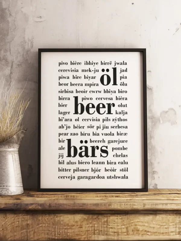 Öl, beer, bärs - Öl på olika språk - Poster - Ramexempel