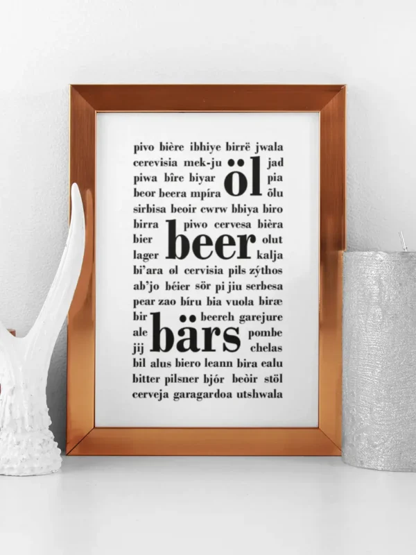 Öl, beer, bärs - Öl på olika språk - Poster - Ramexempel