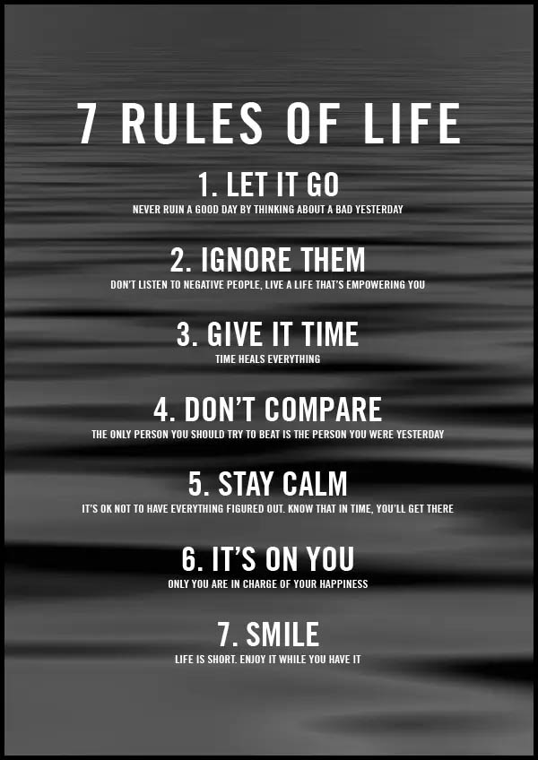7 rules of life - poster - texttavla med svartvit bakgrund