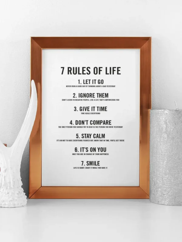 7 rules of life - Poster. Texttavla med vit bakgrund - Ramexempel