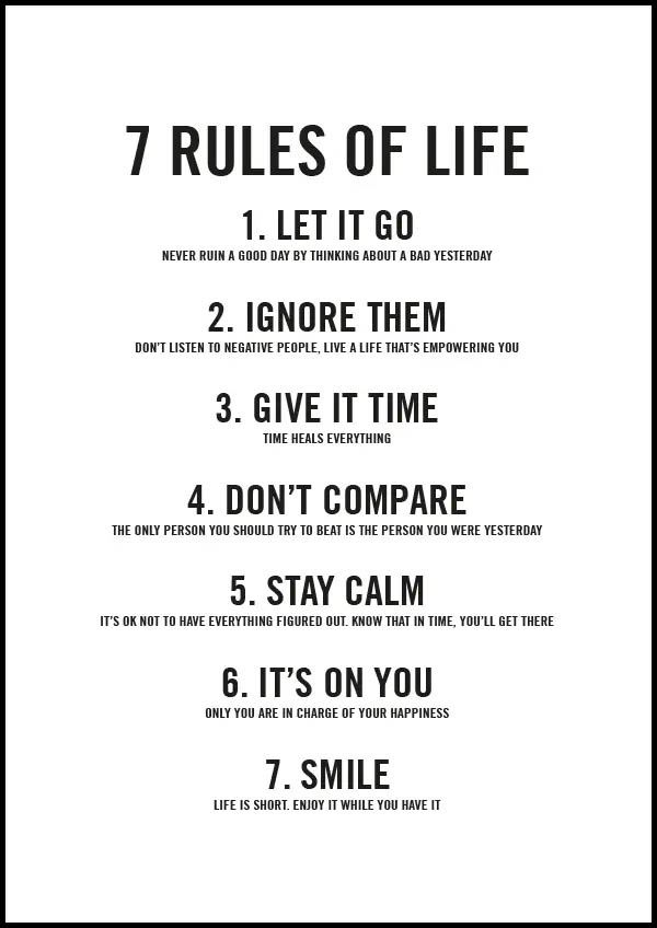 7 rules of life - Poster. Texttavla med vit bakgrund