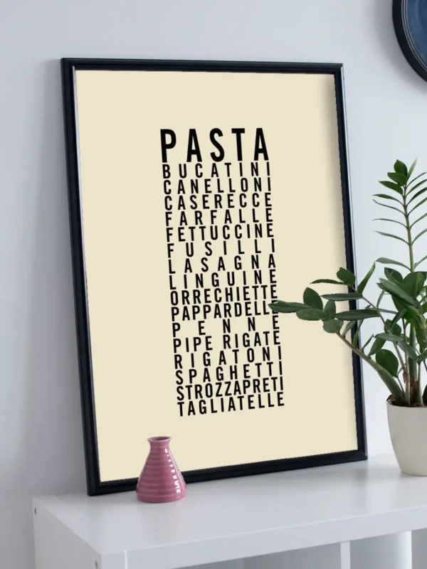 Texttavla: Pasta - Olika pastasorter - Poster - Ramexempel