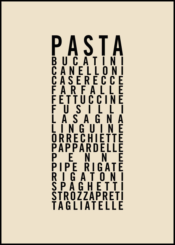 Texttavla: Pasta - Olika pastasorter - Poster