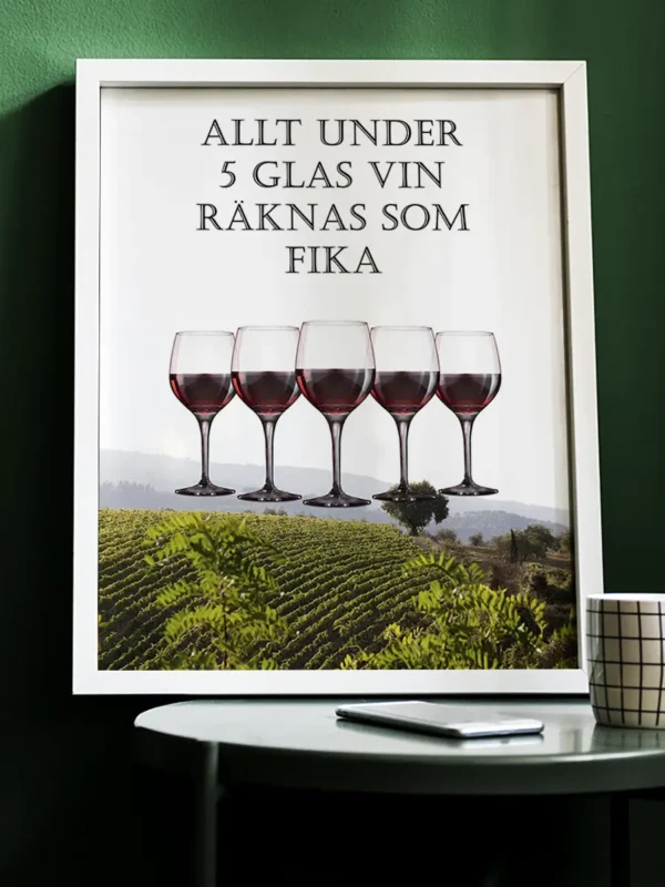 Poster: Allt under 5 glas vin räknas som fika - Fototavla - Ramexempel