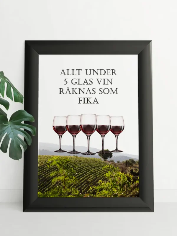 Poster: Allt under 5 glas vin räknas som fika - Fototavla - Ramexempel