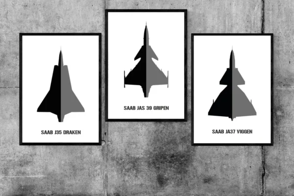 Posterserie med tre tavlor - J35 Draken, JA37 Viggen och JAS 39 Gripen