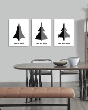 Posterserie med tre tavlor - J35 Draken, JA37 Viggen och JAS 39 Gripen