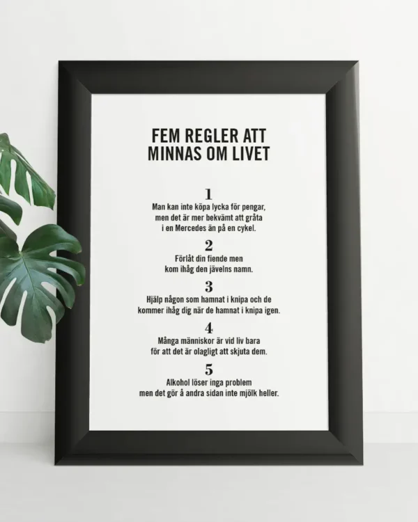 Fem regler att minnas om livet - Poster/Texttavla - Ramexempel