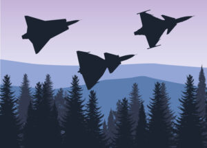 Fly By - Poster. En stiliserad grafisk illustration av tre svenska stridsflygplan. Siluetter av J35 Draken, J37 Viggen och JAS 39 Gripen.