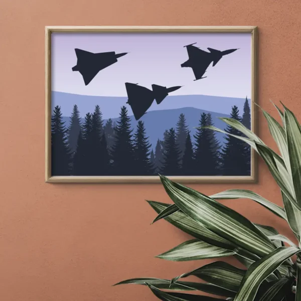 Fly By - Poster. En stiliserad grafisk illustration av tre svenska stridsflygplan. Siluetter av J35 Draken, J37 Viggen och JAS 39 Gripen - Ramexempel