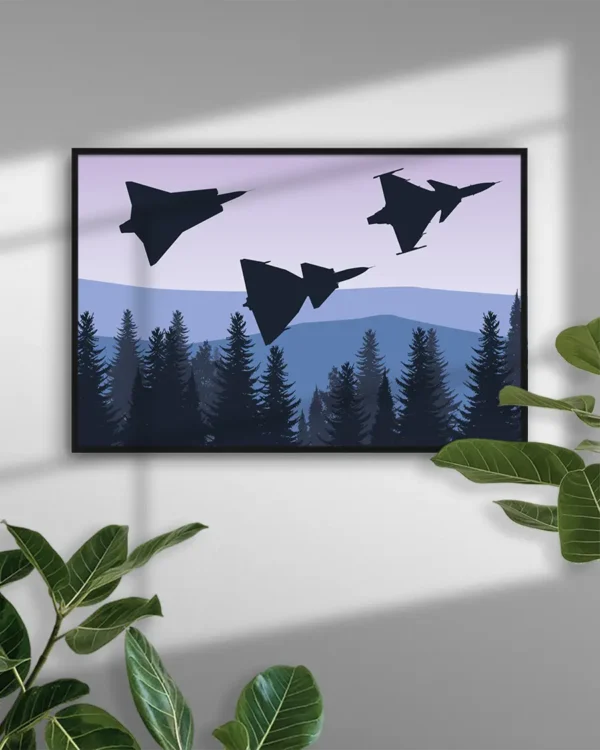 Fly By - Poster. En stiliserad grafisk illustration av tre svenska stridsflygplan. Siluetter av J35 Draken, J37 Viggen och JAS 39 Gripen - Ramexempel