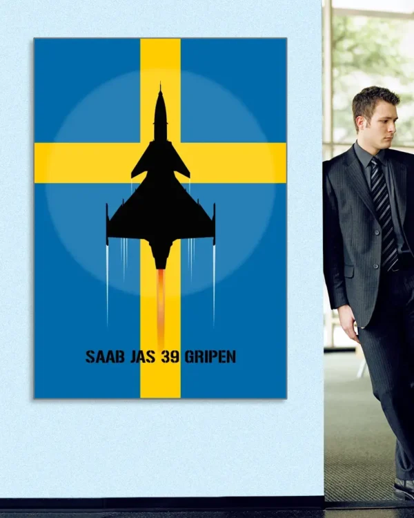 SAAB JAS 39 Gripen - Svensk flagga - Poster - Grafisk konst - Ramexempel 100x140 cm