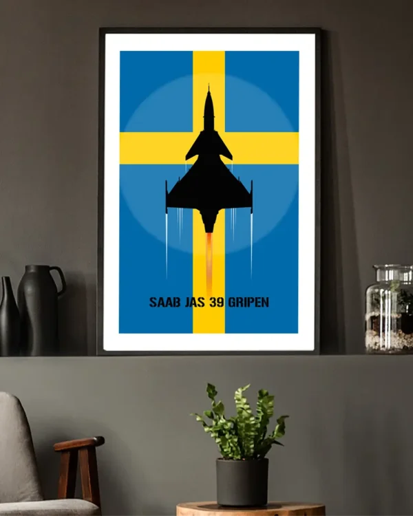 SAAB JAS 39 Gripen - Svensk flagga - Poster - Grafisk konst - Ramexempel