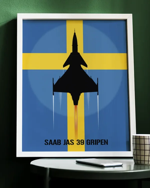 SAAB JAS 39 Gripen - Svensk flagga - Poster - Grafisk konst - Ramexempel