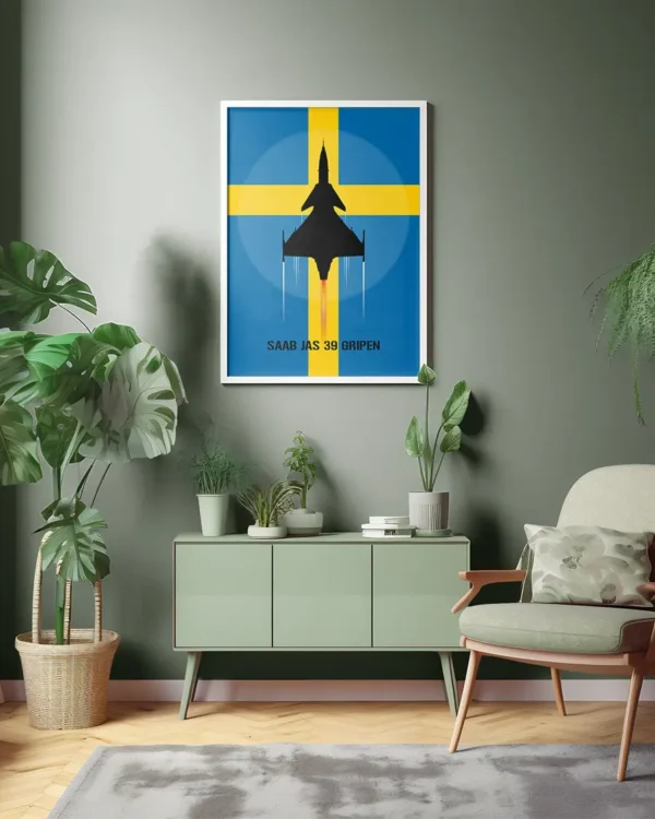 SAAB JAS 39 Gripen - Svensk flagga - Poster - Grafisk konst - Ramexempel