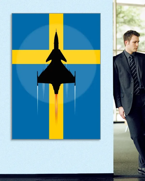 SAAB JAS 39 Gripen - Svensk flagga - Poster - Grafisk konst - Ramexempel 100x140 cm