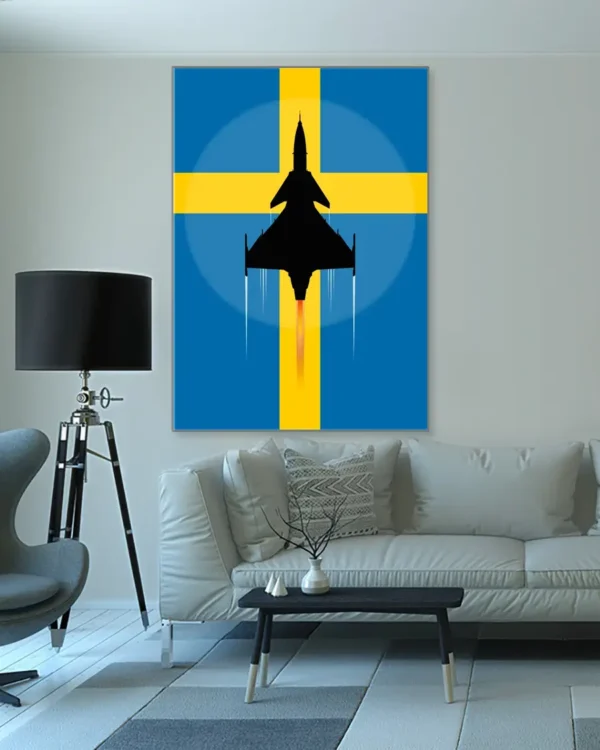 SAAB JAS 39 Gripen - Svensk flagga - Poster - Grafisk konst - Ramexempel 100x140 cm
