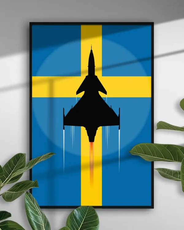 SAAB JAS 39 Gripen - Svensk flagga - Poster - Grafisk konst - Ramexempel