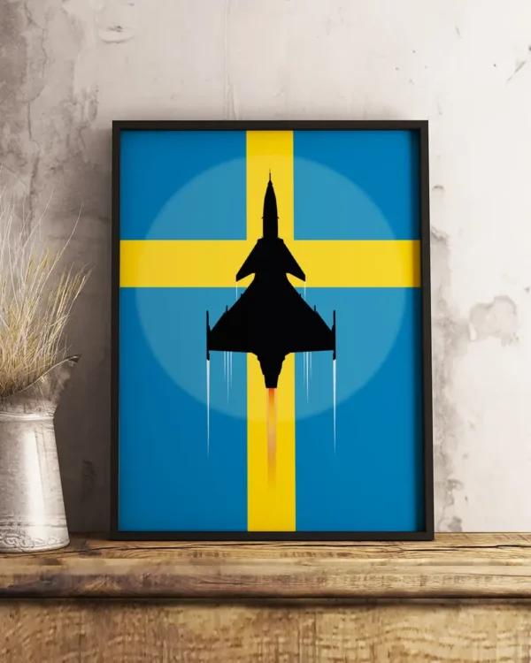 SAAB JAS 39 Gripen - Svensk flagga - Poster - Grafisk konst - Ramexempel