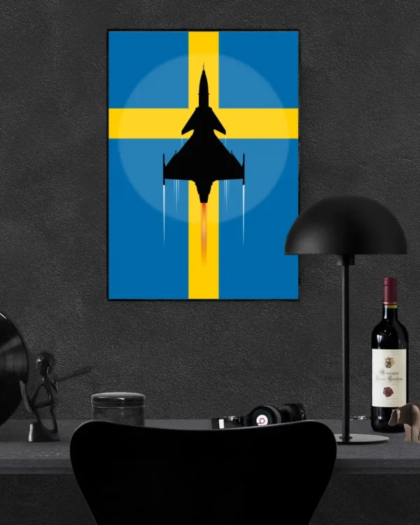 SAAB JAS 39 Gripen - Svensk flagga - Poster - Grafisk konst - Ramexempel