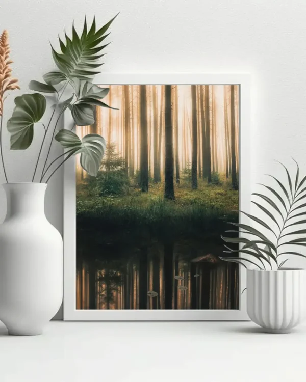 Reflection In The Foggy Forest - Poster - Fotografi - Ramexempel