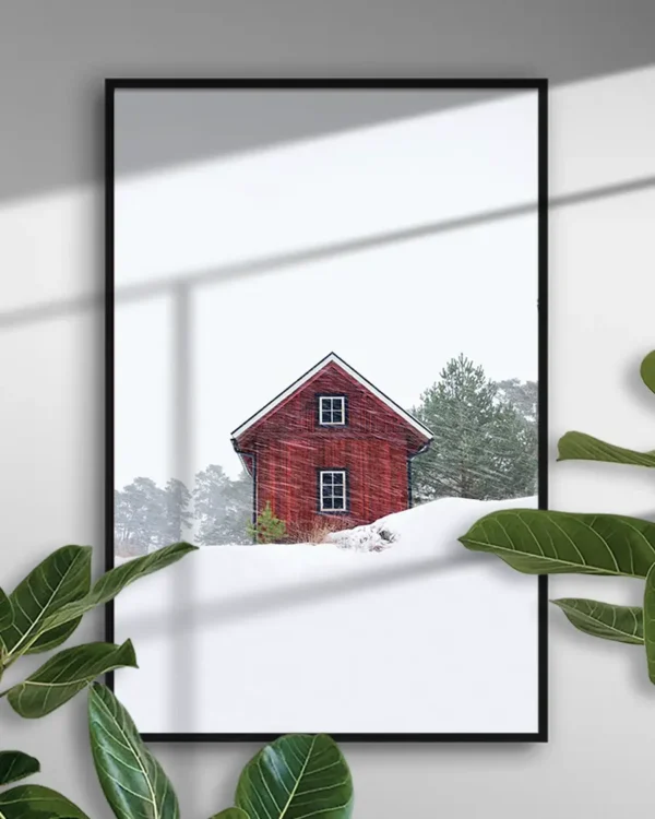 Old Red House During Snowstorm - Poster - Fotografi - Ramexempel