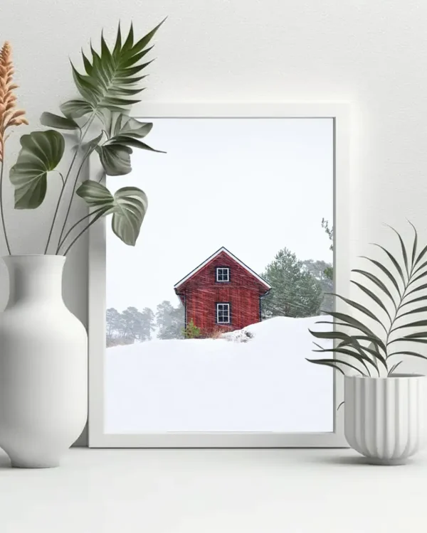 Old Red House During Snowstorm - Poster - Fotografi - Ramexempel