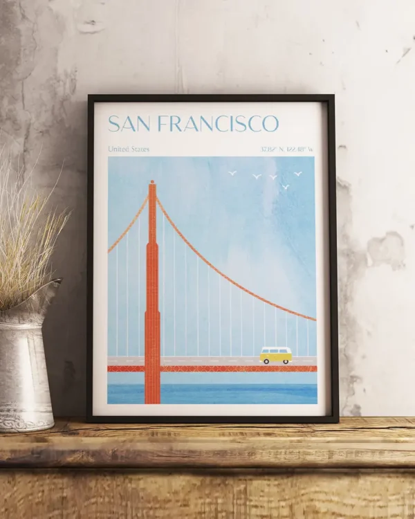 San Francisco, Golden Gate Bridge - Poster - Grafisk konst - Ramexempel