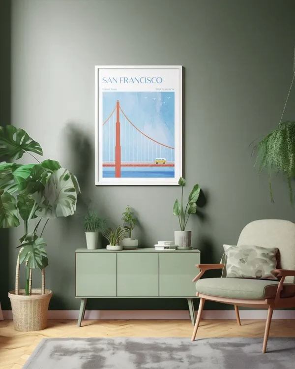 San Francisco, Golden Gate Bridge - Poster - Grafisk konst - Ramexempel