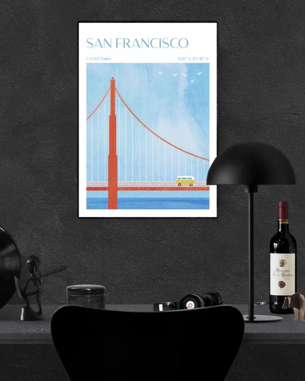 San Francisco, Golden Gate Bridge - Poster - Grafisk konst - Ramexempel