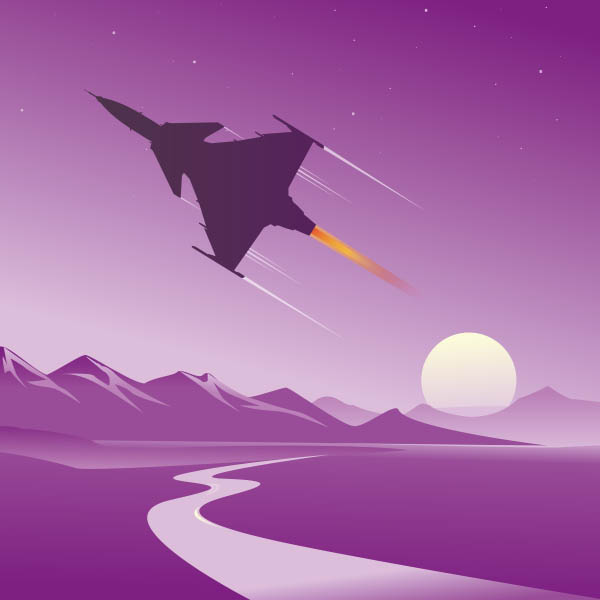 SAAB JAS 39 Gripen in a purple sunset - Kvadratisk poster. En stiliserad grafisk illustration som visar det svenska stridsflygplanet i en lila solnedgång.