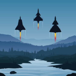 Svenska stridsflygplan i fjällmiljö - Poster Svenska stridsflygplan i fjällmiljö – Poster. En stiliserad grafisk illustration av tre svenska stridsflygplan som flyger i formation över en älv.