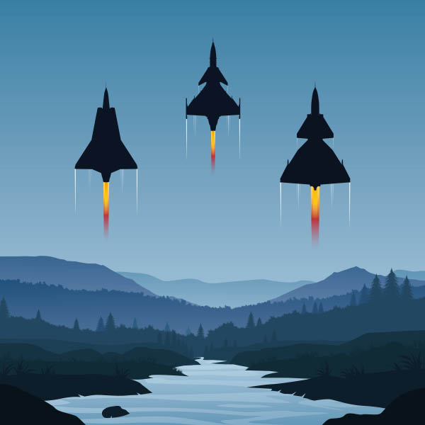 Svenska stridsflygplan - Kvadratisk poster. En stiliserad grafisk illustration av tre svenska stridsflygplan som flyger i formation över en älv.