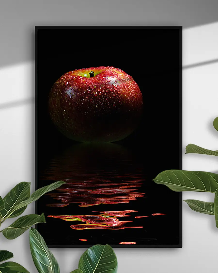 Red Apple Reflection - Poster. En elegant och stämningsfull poster där ett rött äpple speglas i en stilla vattenspegel - Ramexempel
