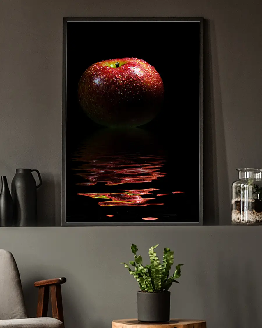 Red Apple Reflection - Poster. En elegant och stämningsfull poster där ett rött äpple speglas i en stilla vattenspegel - Ramexempel