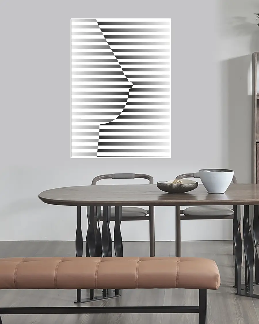 Erotic Lines – Grafisk poster. En stilren opkonst-poster som skapar illusionen av en kvinnlig byst genom horisontella svartvita linjer - Ramexempel