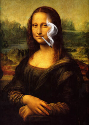 Mona Lisa Röker På - Poster. En humoristisk och lekfull twist på ett av världens mest ikoniska konstverk.