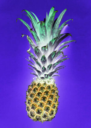 Shining Pineapple – Poster. En färgstark och modern poster av en ananas i dramatisk ljussättning